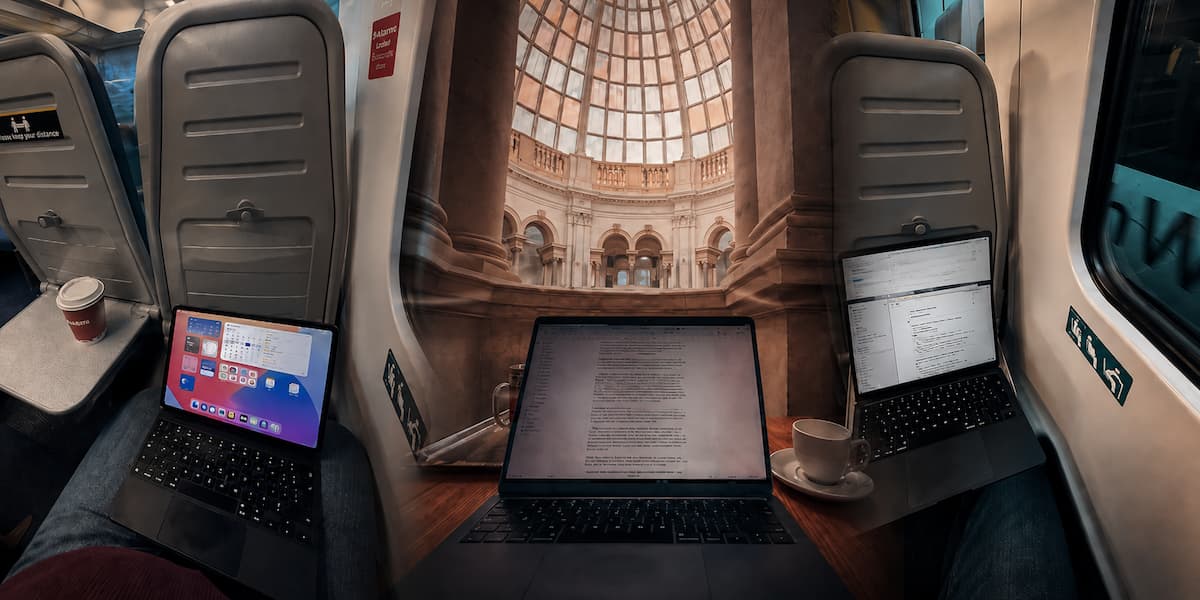 Laptop and iPad writing setups on commuter trains alongside a museum writing spot