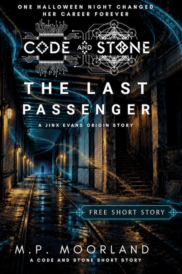 The Last Passenger by M.P. Moorland, a free Code & Stone short story, featuring an abandoned London tram tunnel and glowing magical threads.